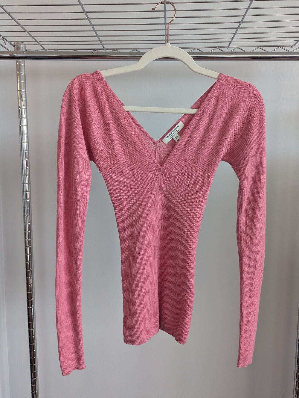 🆕 Merino Wool Ribbed Knit Double V-Neck Sweater (Pink)